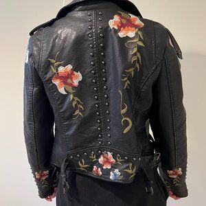 AFTF Basic Embroidery Studded Flower Faux Leather Moto Jacket XL